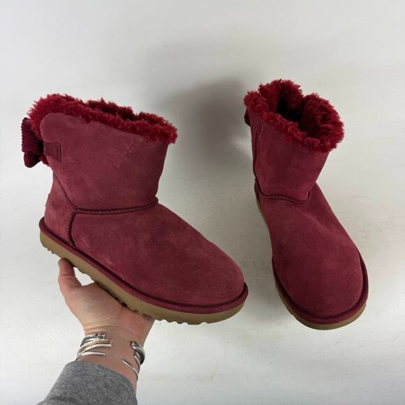 UGG Mini Bailey Bow Glimmer Velvet Ribbon Boot Women's 7 Red Woven winter Shoes - Picture 1 of 10